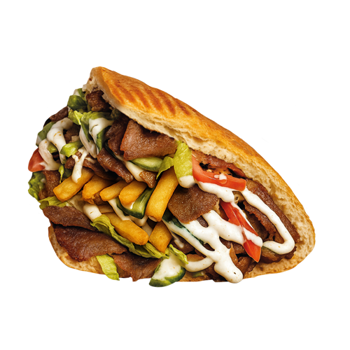 Bafra Kebab — buła z mięsem z rożna, warzywami i sosem